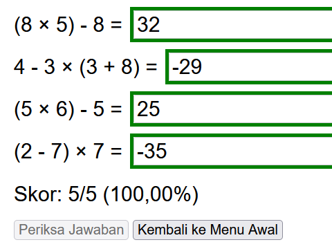 Empat soal operasi bilangan beserta hasil pemeriksaannya yang ditandai dengan warna hijau pada kolom isian untuk jawaban benar